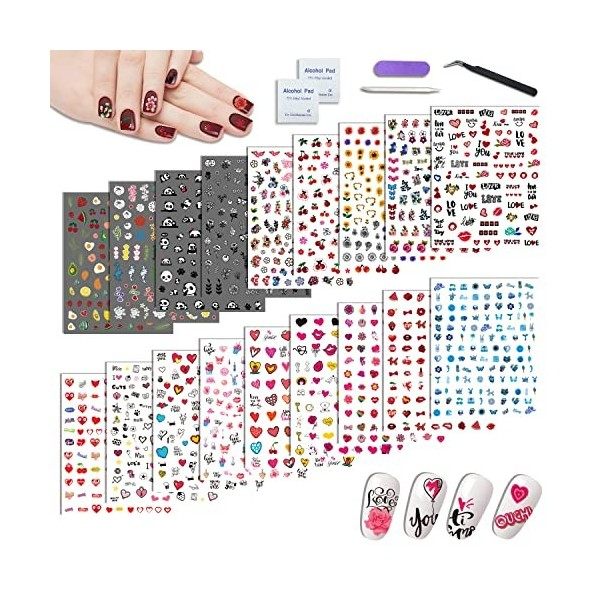 18 Feuilles Stickers Ongles Automne Nail Art pour Femmes Filles Enfants, Panda Lips Tournesol Amour Coeur Fruit Autocollant O