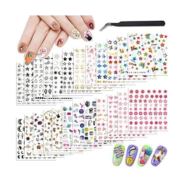 18 Feuilles Stickers Ongles Automne Nail Art pour Femmes Filles Enfants, Panda Lips Tournesol Amour Coeur Fruit Autocollant O