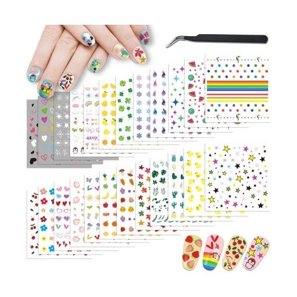 18 Feuilles Stickers Ongles Automne Nail Art pour Femmes Filles Enfants, Panda Lips Tournesol Amour Coeur Fruit Autocollant O