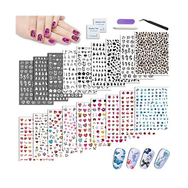 18 Feuilles Stickers Ongles Automne Nail Art pour Femmes Filles Enfants, Panda Lips Tournesol Amour Coeur Fruit Autocollant O