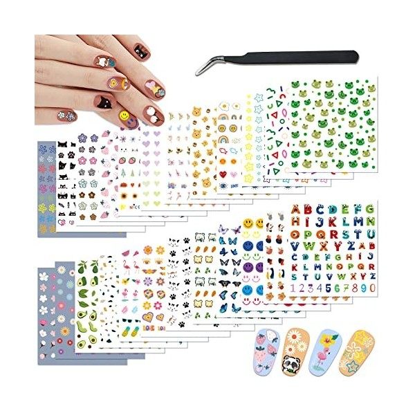 18 Feuilles Stickers Ongles Automne Nail Art pour Femmes Filles Enfants, Panda Lips Tournesol Amour Coeur Fruit Autocollant O