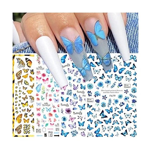JMEOWIO Papillons Stickers Ongles Nail Art 8 Feuilles Autocollants Ongles Autoadhésif Deco Ongle Nail Art Design Manucure