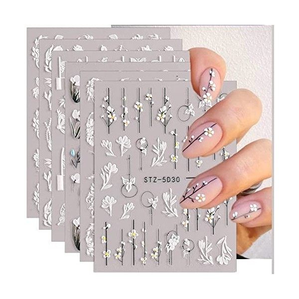 Stickers Ongles, 6 Feuilles 5D Stickers Ongles Autocollants, Stickers Ongle Nail Art Stickers, Autocollant Ongle Nail Art, Na