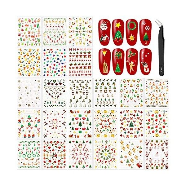 MELLIEX 24 Feuilles Stickers Ongles Noël, 3D Laser Nail Art Autocollants pour Noël Ongles Autocollants Noël avec Pince à Épil