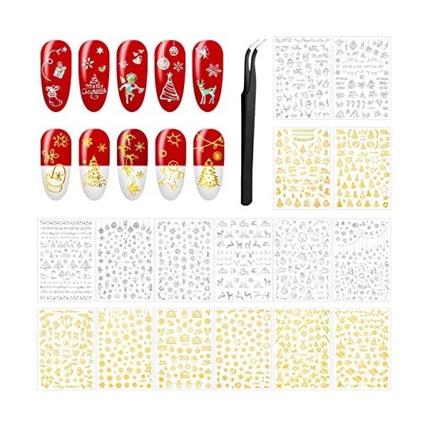 MELLIEX 16 Feuilles Stickers Ongles Noël, 3D Laser Nail Art Autocollants pour Noël Ongles Autocollants Noël avec Pince à Épil