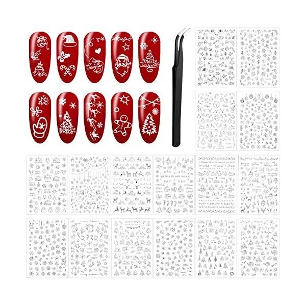 MELLIEX 16 Feuilles Stickers Ongles Noël, 3D Laser Nail Art Autocollants pour Noël Ongles Autocollants Noël avec Pince à Épil