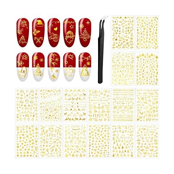 MELLIEX 16 Feuilles Stickers Ongles Noël, 3D Laser Nail Art Autocollants pour Noël Ongles Autocollants Noël avec Pince à Épil