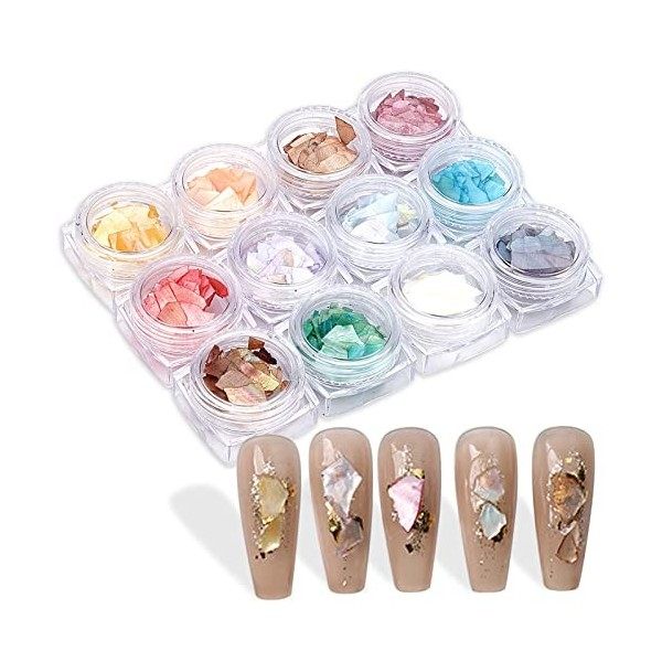 NICENEEDEDTranches de Coquillages Irréguliers DOrmeau 12 couleurs, 3D Nail Art Shell Piece Nail Patch Sirène Flocons pour Na