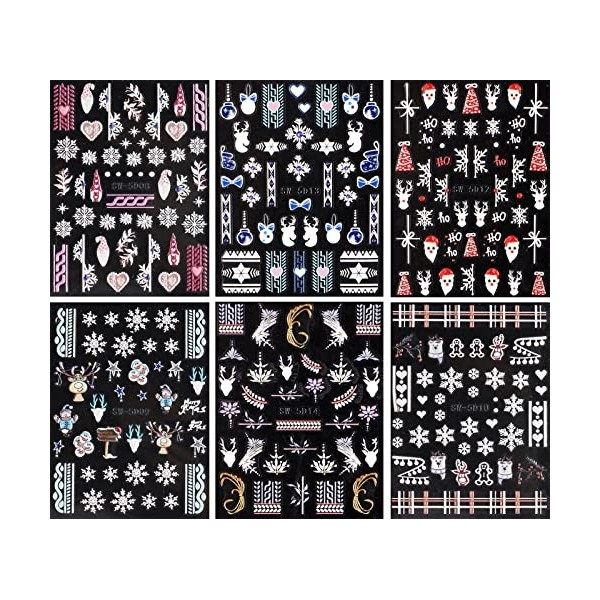 JMEOWIO 3D Noel Stickers Ongles Nail Art 6 Feuilles Autocollants Ongles Autoadhésif Deco Ongle Nail Art 5D Flocon de Neige De