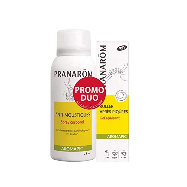 Pranarôm Spray Corporel Anti-Moustiques + Roller Après-Piqûres Bio Eco aux Huiles Essentielles Biologiques Aromapic Promo