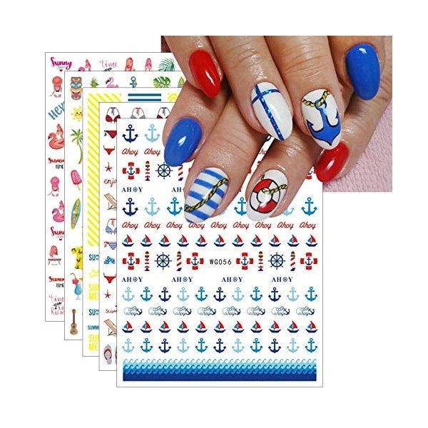 JMEOWIO Océan Été Stickers Ongles Nail Art 9 Feuilles Autocollants Ongles Autoadhésif Deco Ongle Nail Art Design Manucure