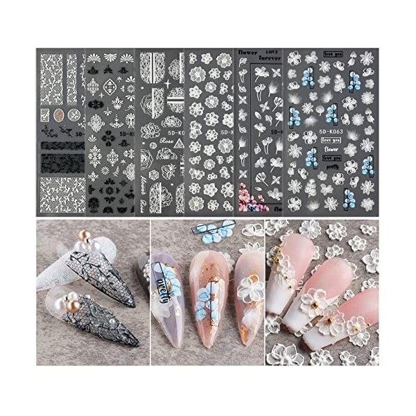 MWOOT 5D Fleurs Nail Stickers Ongles, Auto-Adhésif Autocollant Dart Dongle avec Stéréoscopique Gaufré Dentelle Ongle Désign