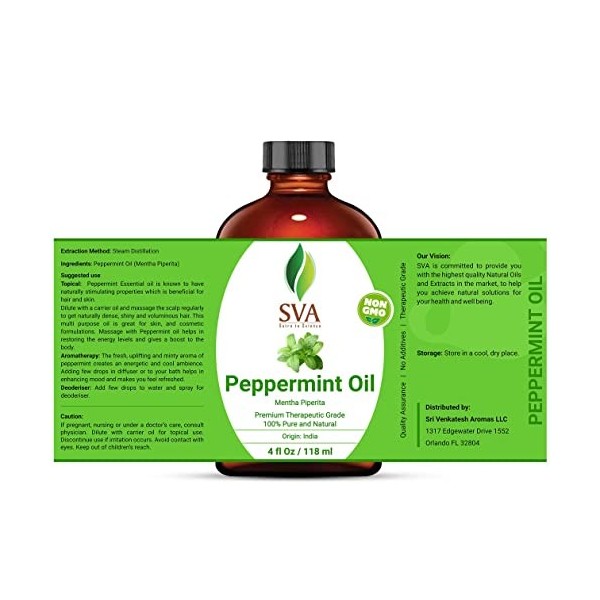 SVA ORGANICS Huile essentielle de menthe poivrée biologique 113,4 g USDA 100% pure de qualité thérapeutique naturelle avec co