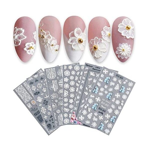 JMEOWIO 3D Fleur Stickers Ongles Nail Art 7 Feuilles Autocollants Ongles Autoadhésif 5D Deco Ongle Nail Art Design Manucure