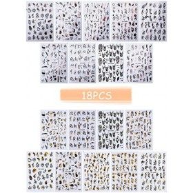 Kalolary 18 Feuilles dAutocollants dArt dOngle, Amusement Stickers Ongles 3D Auto-Adhésif Abstrait Visage Dame Design Noir