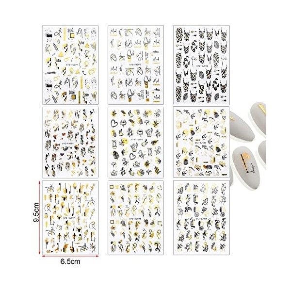 9 Pcs Nail Art Stickers Set,3D Design Stickers Ongles,Auto-Adhésif Nail Art Stickers Plusieurs Motifs,DIY Conception Nail Déc