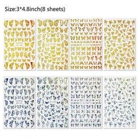 Lot de 8 feuilles dautocollants pour ongles en forme de papillon doré et argenté et 30 feuilles de petite taille