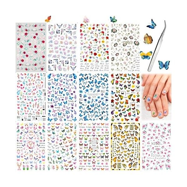 Sticker Ongle Papillon Feuilles Papillon Nail Art Stickers Decals Auto-adhésives 13 Packs Avec Différents Motifs Autocollants