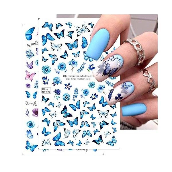 MEISO Lot de 8 feuilles dautocollants 3D - Motif papillon - Pour ongles - Printemps été - Papillon - Autocollant - Décoratio