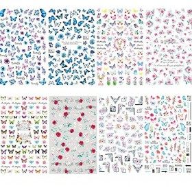MEISO Lot de 8 feuilles dautocollants 3D - Motif papillon - Pour ongles - Printemps été - Papillon - Autocollant - Décoratio