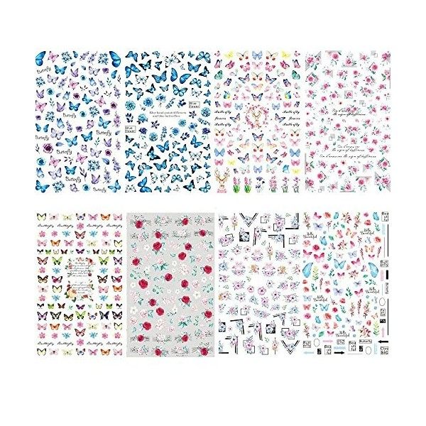 MEISO Lot de 8 feuilles dautocollants 3D - Motif papillon - Pour ongles - Printemps été - Papillon - Autocollant - Décoratio