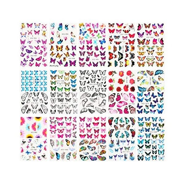 Le Fu Li Lot de 30 feuilles dautocollants pour nail art - Motif papillon et fleurs - Pour manucure, ongles dorteils