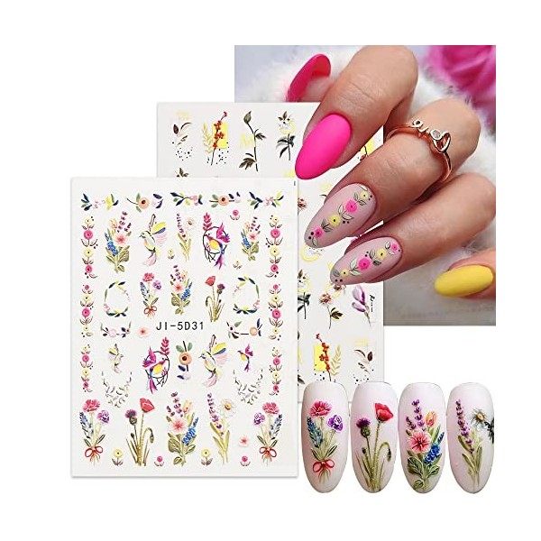 JMEOWIO 3D Printemps Fleur Stickers Ongles Nail Art, Autocollants Ongles Autoadhésif 5D Deco Ongle Nail Art Design Manucure 4