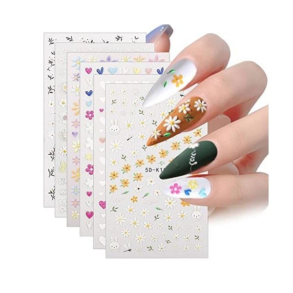 Owelth 6 Feuilles Stickers Ongles, 5D Autocollant Ongle Nail Art Autoadhésif, Nail Art Stickers for Girls Women, Stickers Ong