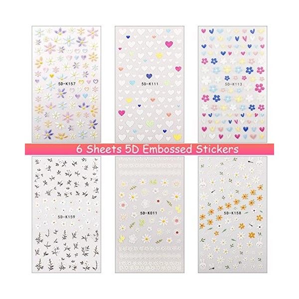 Owelth 6 Feuilles Stickers Ongles, 5D Autocollant Ongle Nail Art Autoadhésif, Nail Art Stickers for Girls Women, Stickers Ong