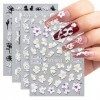 Becellen 4 Feuilles Autocollant Ongle, 5D Fleur Blanches Stickers Ongles Noir Autoadhésif Nail Art Autocollant pour Decoratio