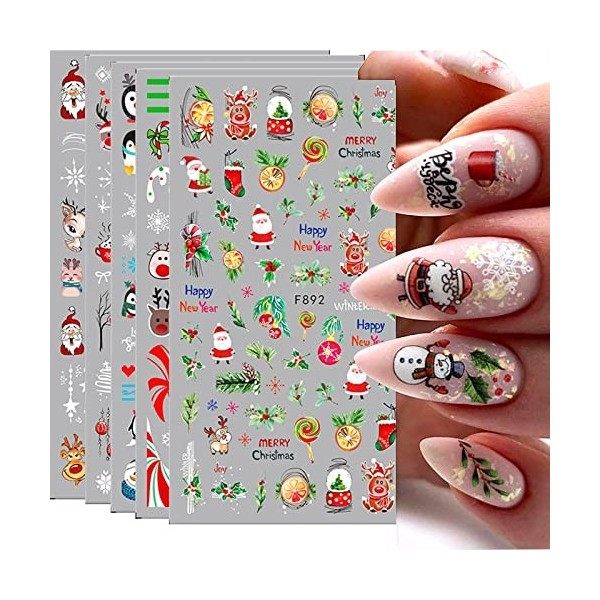 Autocollant Ongle Noël,3D Design Stickers Ongles,5pc Auto-Adhésif Nail Art Stickers,Autocollant dOngle de Motif dElan de Pè