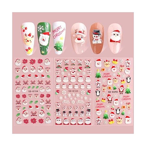 Autocollant Ongle Noël,3D Design Stickers Ongles,5pc Auto-Adhésif Nail Art Stickers,Autocollant dOngle de Motif dElan de Pè