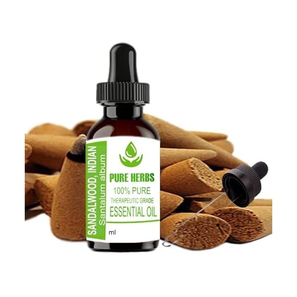 Pure Herbs Sandalwood Indian Santalum Album Pure & Natural Essential Oils 30ml PLASTIC With Dropper