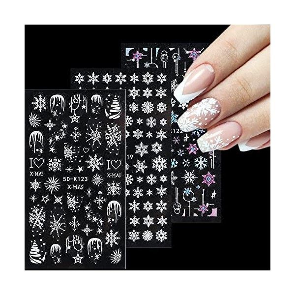 Autocollant Ongle Noël,3D Design Stickers Ongles,5pc Auto-Adhésif Nail Art Stickers,Autocollant dOngle de Motif dElan de Pè