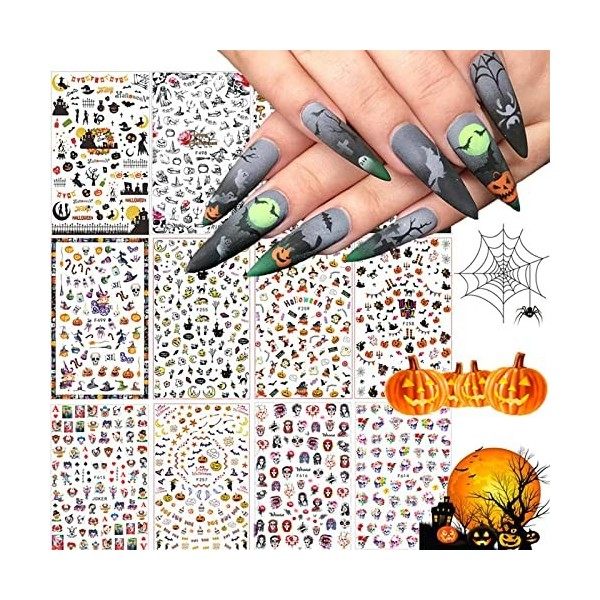 Kalolary 12Pcs Halloween Nail Art Autocollant Ensemble Deau Autocollants Pour Ongles Transfert Deau Decal Beauté Pour Les F