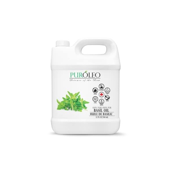 PUROLEO Basil Essential Oil 32 Fl Oz/946 ML Made In Canada 100% Pure, Natural and Undiluted Aromatherapy Oil for Diffuser, 