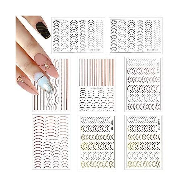 8 Feuilles Bandes Nails Stickers, 3D Stripe Lines Vague Nail Art Sticker Autocollants à Ongles Auto-adhésifs de Décoration St