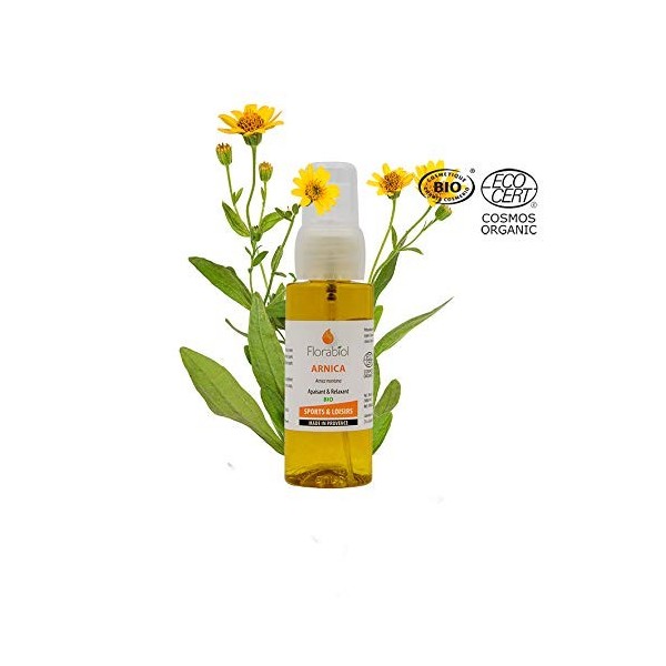 Huile végétale dArnica- 50 ml - FLORABIOL, Certifiée bio par Ecocert, Cosmos Organic, macération longue