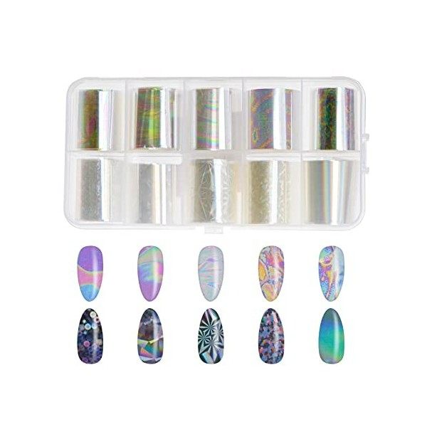 Lot de 10 rouleaux de film holographique pour manucure - Brillant - Autocollants - Nail Art - Décoration - Blanc perle - Styl