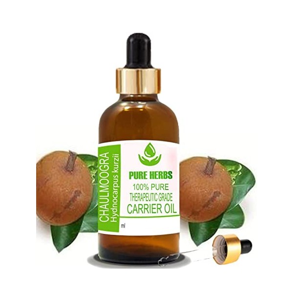 Pure Herbs Huile de Chaulmoogra Hydnocarpus kurzii pure et naturelle de qualité thérapeutique avec compte-gouttes 50 ml