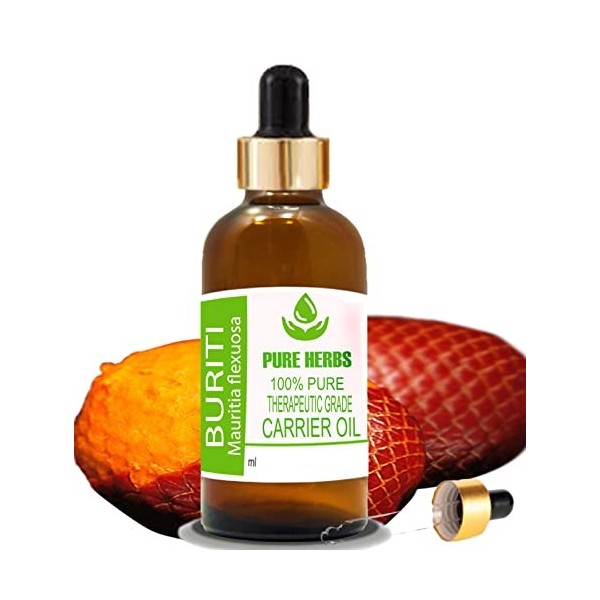 Pure Herbs Buriti Oil Mauritia flexuosa Huiles de support pures et naturelles de qualité thérapeutique avec compte-gouttes 