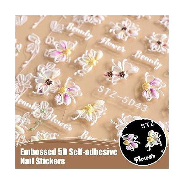 PUCIO stickers ongles 6 autocollants au design unique ongles autocollants, 5D fleur autocollants ongle nail art strass ongle 