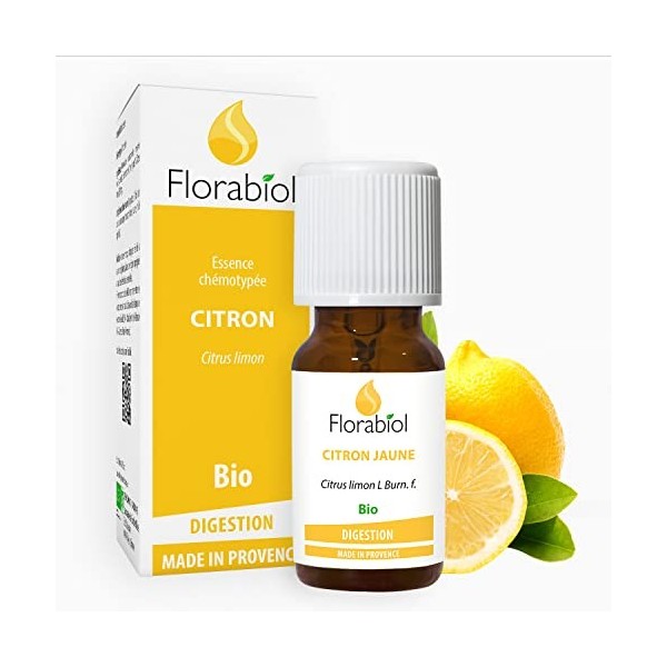 Florabiol - Essence de Citron jaune bio - 10 ml - Huile essentielle bio - Digestion - Anti-odeurs - mal des transports - Esse