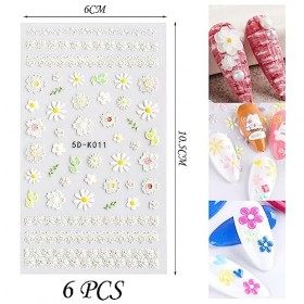 Lot de 6 feuilles dautocollants pour ongles en forme de fleur 5D en relief - Couleur DIY - Décoration dongles au printemps