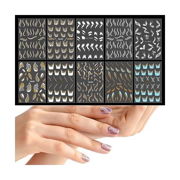 10 Feuilles Autocollants à Ongles, Marbre Wave Stripe Line Autocollants Ongles Nail Art 3D Autocollant Décalcomanies pour Ong