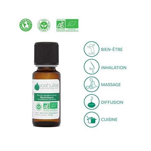 Huile Essentielle BIO de Ravintsara - 100% Pure et Naturelle - HEBBD et ECOCERT - Utilisation Polyvalente et Alimentaire - Pa