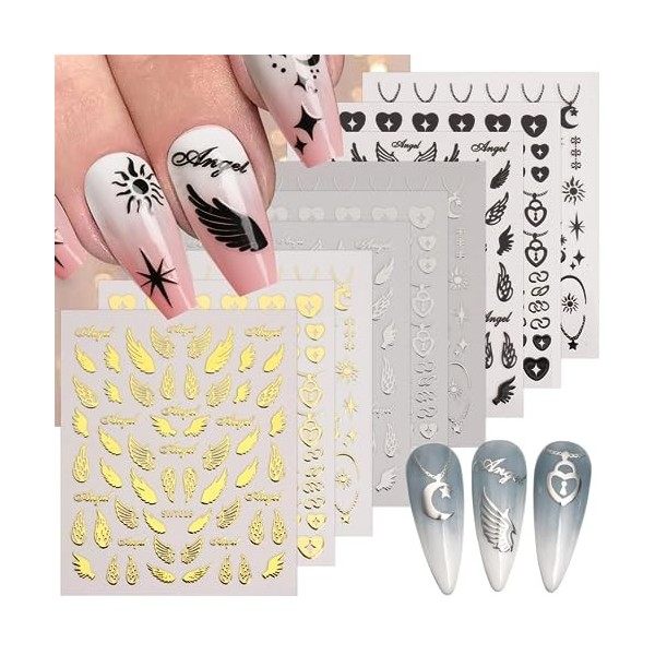 PUCIO Argent bronzant Stickers Ongles Nail Art 12 Feuilles Autocollants Ongles Autoadhésif étoile Lune Soleil Coeur，Nail Art 