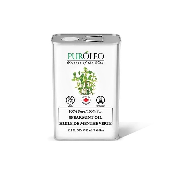 PUROLEO Spearmint Essential Oil 128 Fl Oz/3785 ML Made In Canada Pure and Natural Aromatherapy Oil for Relaxation, Focus an