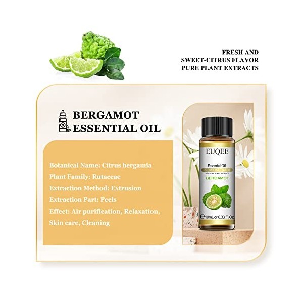 EUQEE Huile Essentielle Bergamote 10ml, 100% Pure Huile de Bergamote Bio, Naturelles Huiles Essentielles pour Diffuseur, Arom