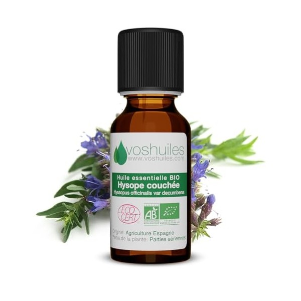 VOSHUILES - Huile Essentielle Bio dHysope Couchée 5ml - 100% Pure et Naturelle - Certifiée Ecocert en Agriculture Biologique